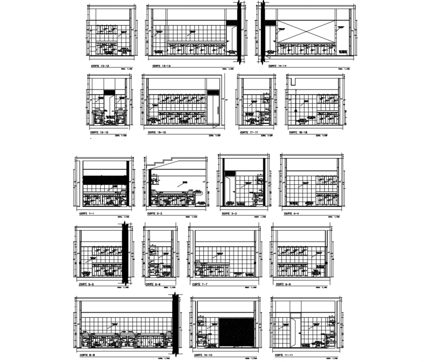 Sectional detail of kitchen and dining area 2d view autocad file