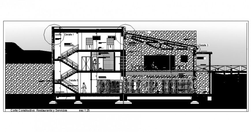 Sectional detail of restaurant building 2d view layout file in dwg format