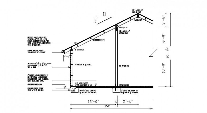 Sectional detail of roofing structure 2d view in autocad format