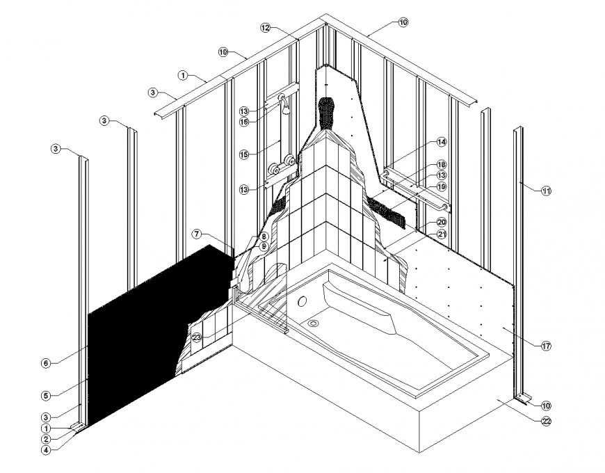 Sectional detail of sanitary shower area detail 2d view dwg file