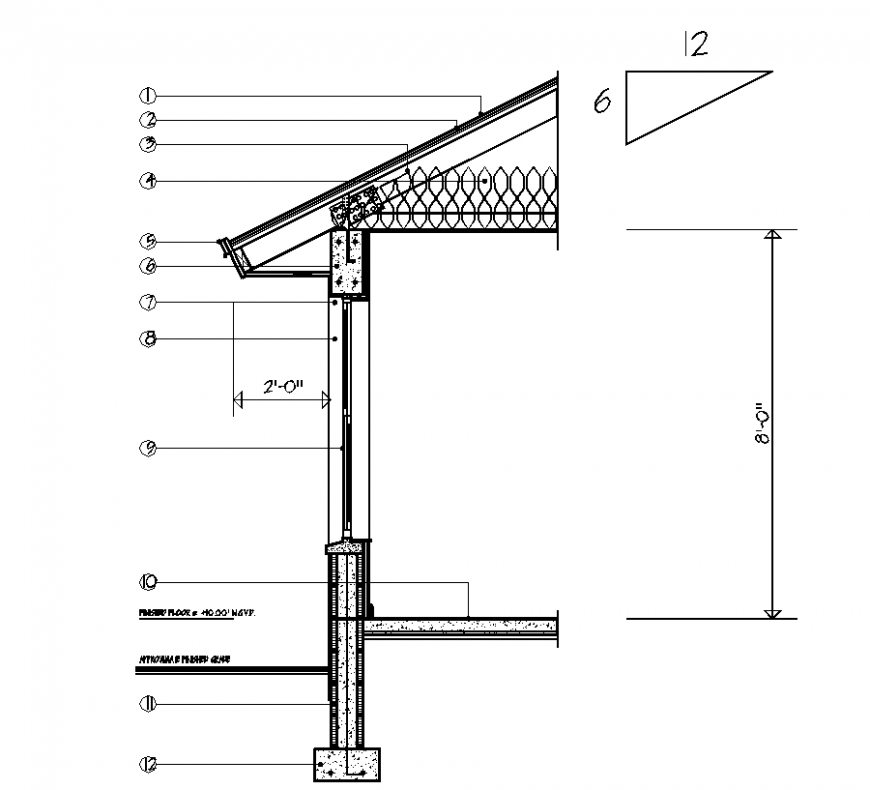 Sectional detail of wall and column with roof area dwg file