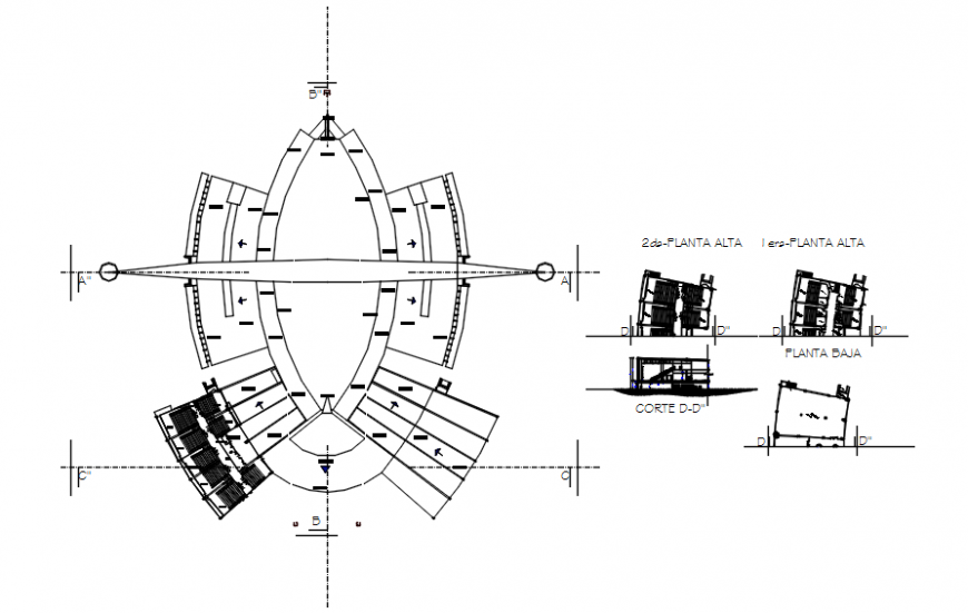 Sectional detail with main plan of shopping area in auto cad file