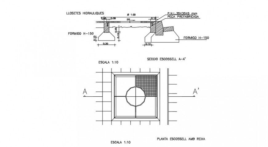Sectional detail with top view plan detail dwg file