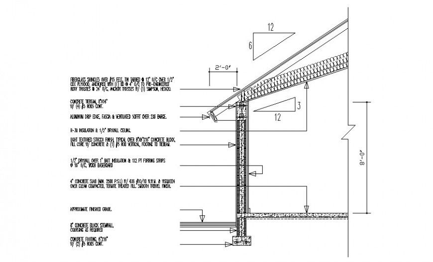 Sectional details of roof 2d view structure drawings autocad file