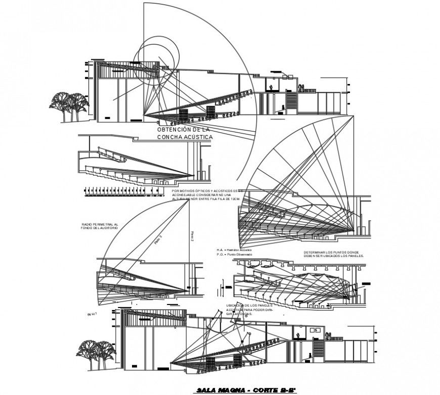 Sectional drawings details of auditorium building units dwg file