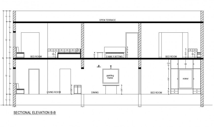 Sectional elevation B-B of a Bungalow dwg file