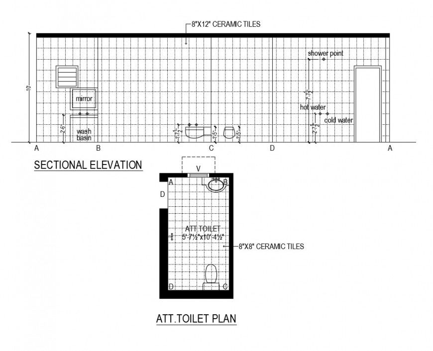 Sectional elevation of a bathroom and toilet interior detail dwg file