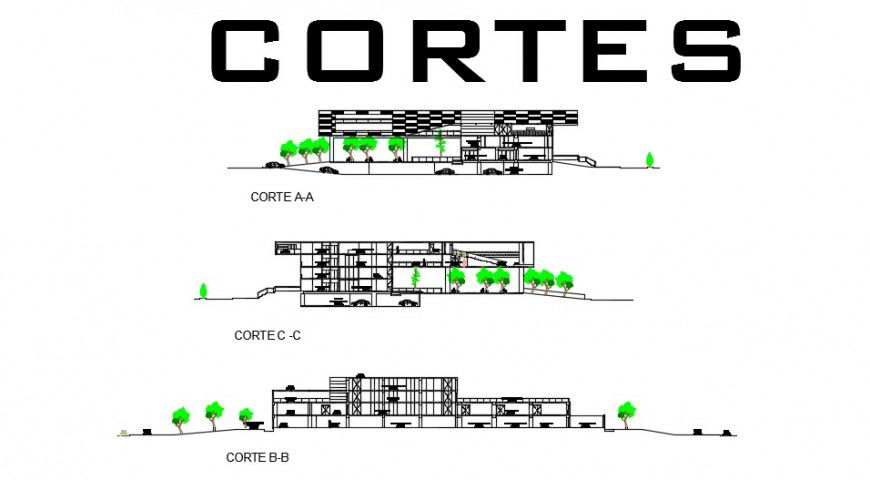 Sectional elevation of a complex front detailing dwg file