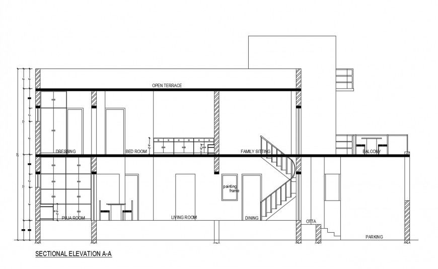 Sectional elevation of a house dwg file
