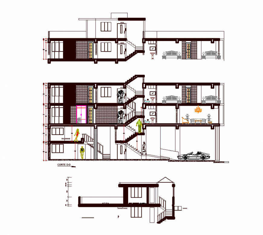 Sectional elevation of apartment design dwg file