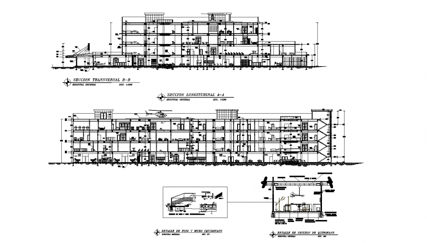 Sectional elevation of the hospital in dwg AutoCAD file.