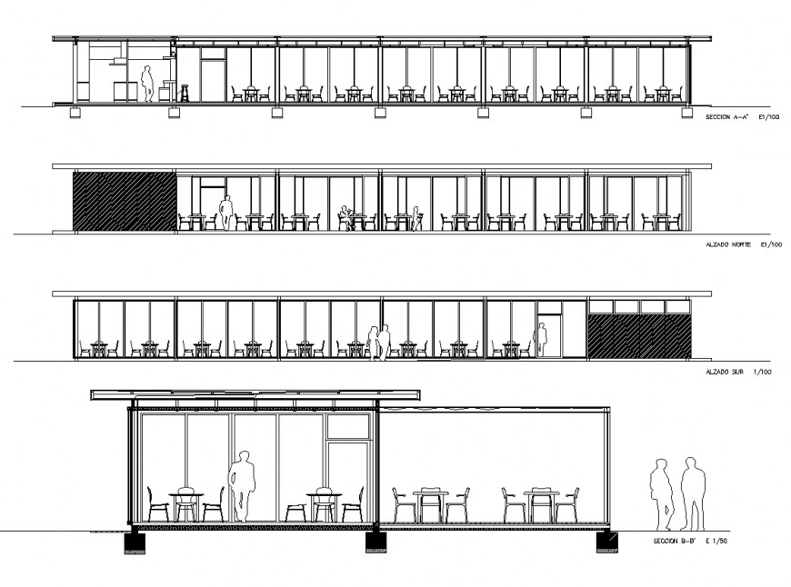 Sectional layout of the restaurant building 2d view autocad file