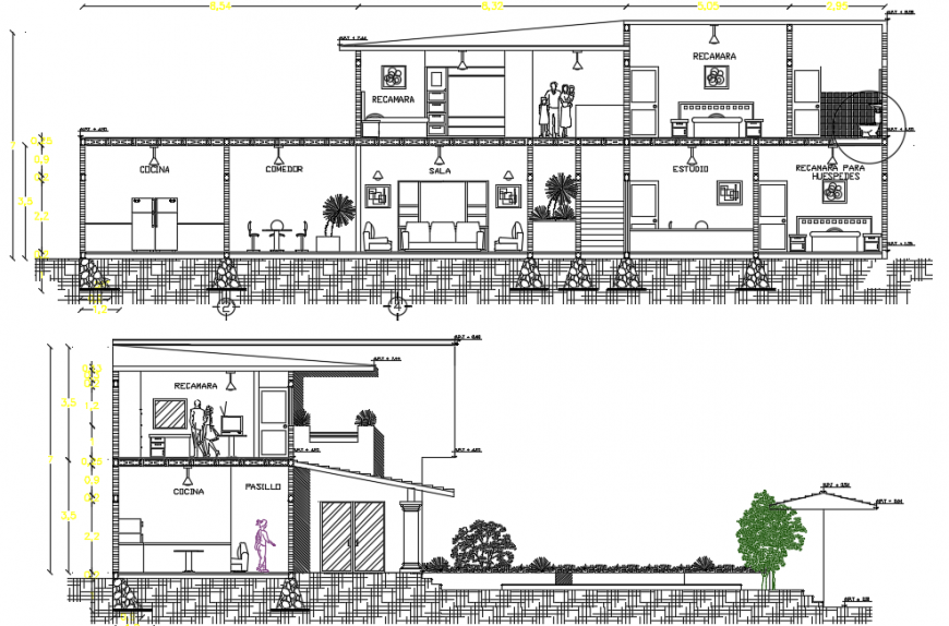 Sectional plan of residence project detail dwg file