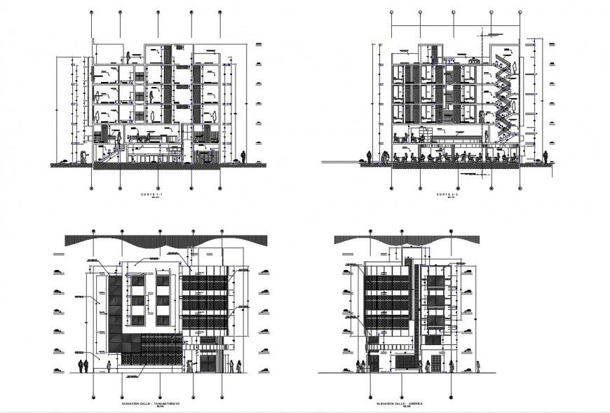 Sectional view different axis of hotel in auto cad