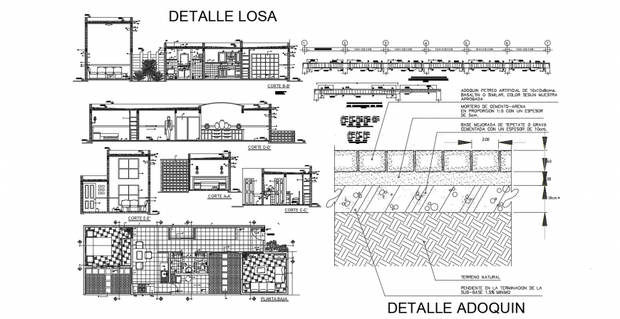 Sectional view with detail of slab design with construction view dwg file