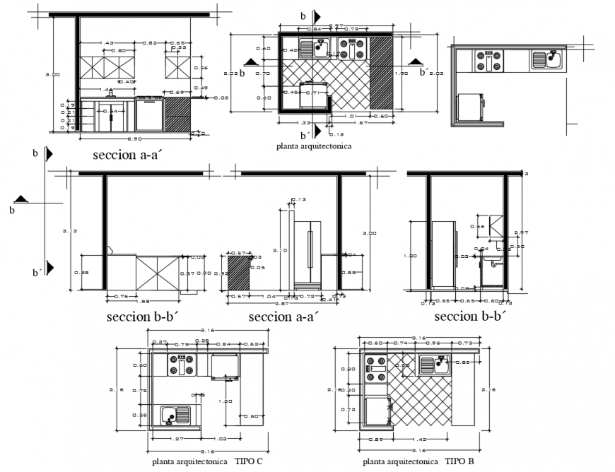 Sectional view with different types of view with Carlos kitchen design dwg file