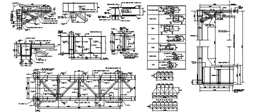 Sections and constructive structure drawing details of steel railway bridge dwg file
