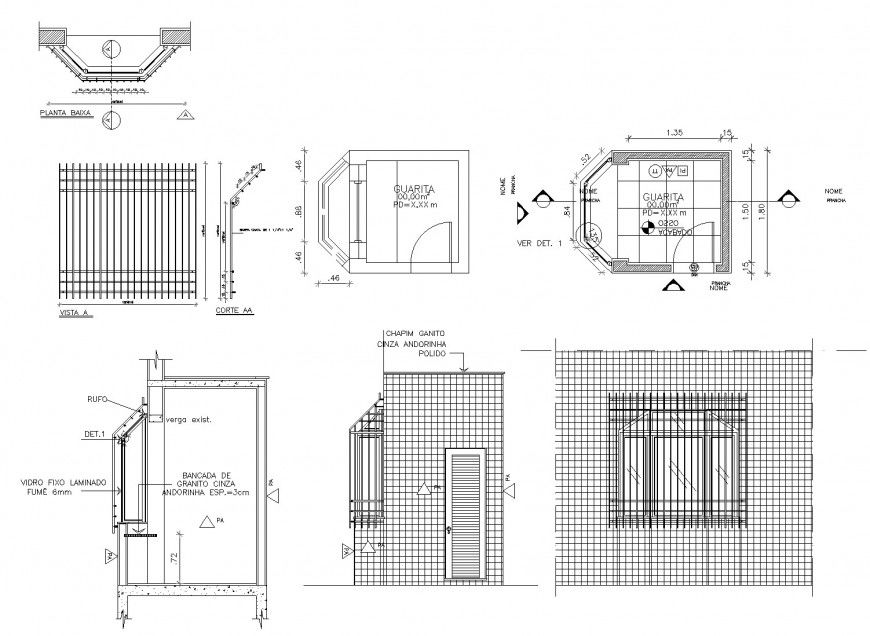 Security cabin plan, elevation and section layout file