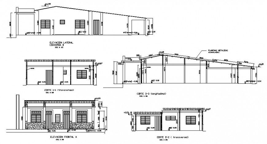 Semi-detached house all sided elevation and section details dwg file
