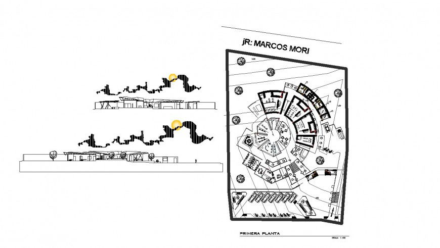 Semi circular office layout plan in dwg AutoCAD file.