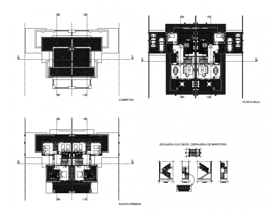 Semi detached dwelling house sections, floor plan and stairways details dwg file