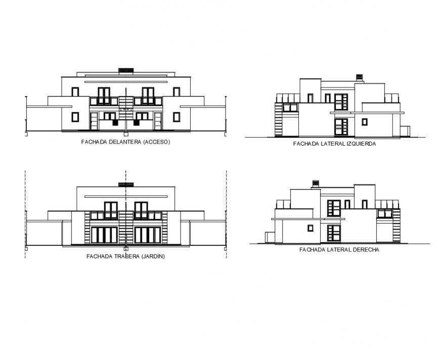 Semi detached dwelling two story house all sided elevation details dwg file