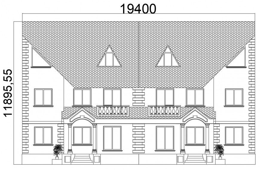 Semi detached house frontal elevation cad drawing details dwg file