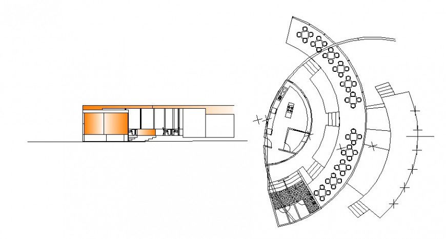 Semicircular restaurant building plan and elevation autocad file