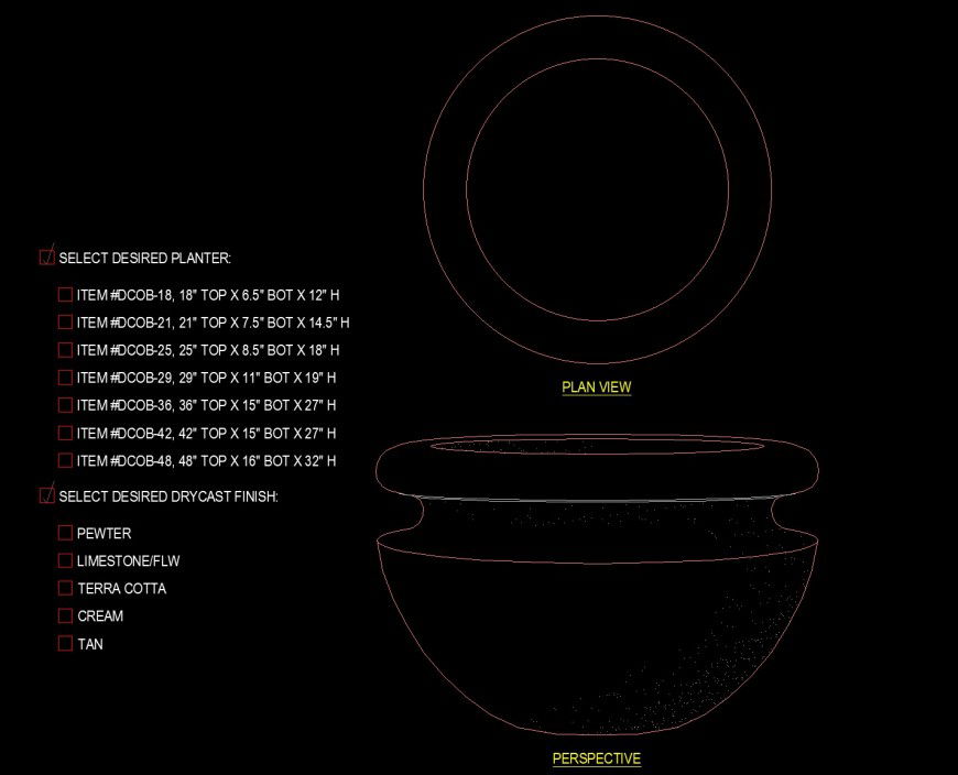 Semicircular shape pot designing in dwg file.