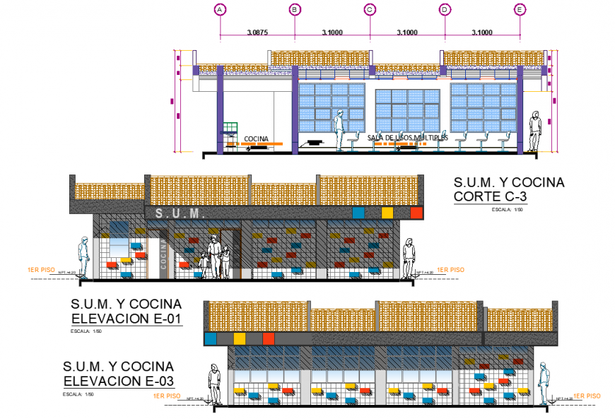 Seminar hall elevation detail in dwg AutoCAD file.