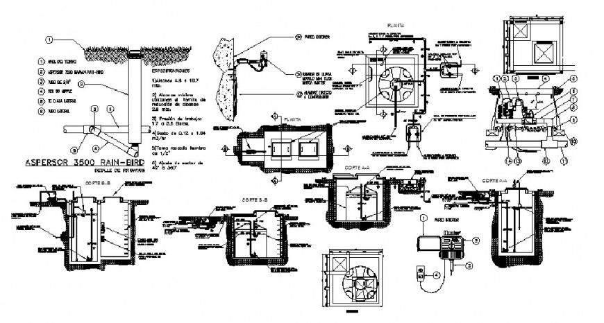 Septic tank all sided section, construction and plumbing details dwg file
