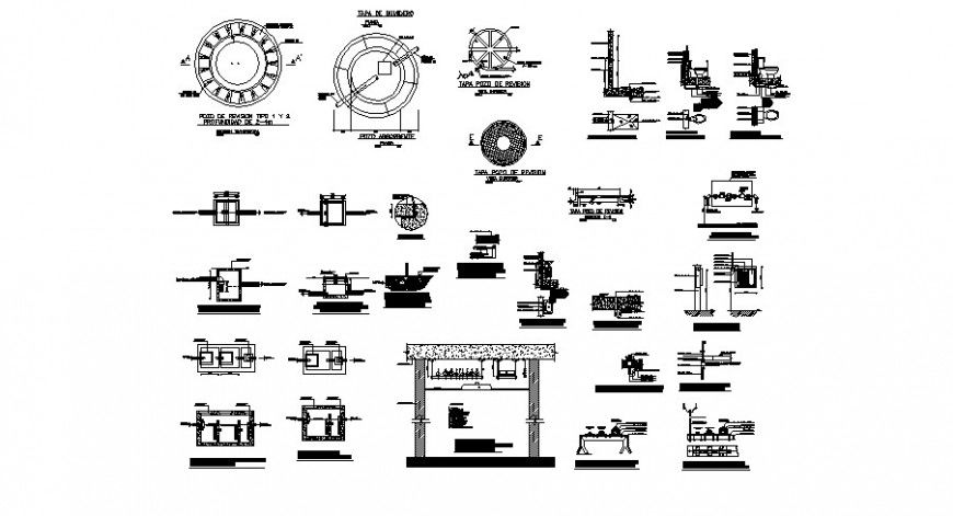 Septic tank all sided section, constructive structure and plumbing details dwg file