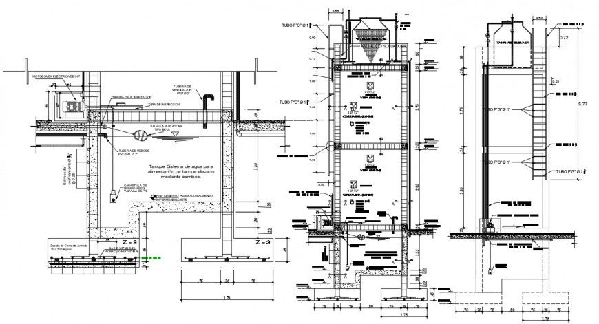 Septic tank all sided sections, construction and plumbing details dwg file