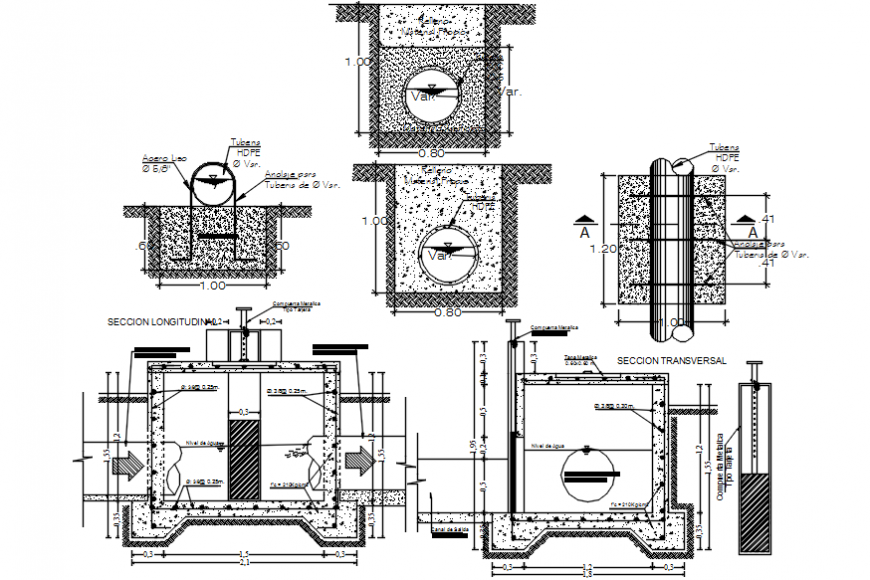 Septic tank and camara and section and plumbing structure details dwg file