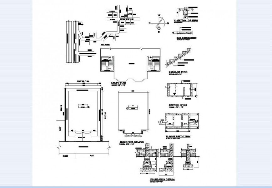 Septic tank column and stair construction detail in auto cad