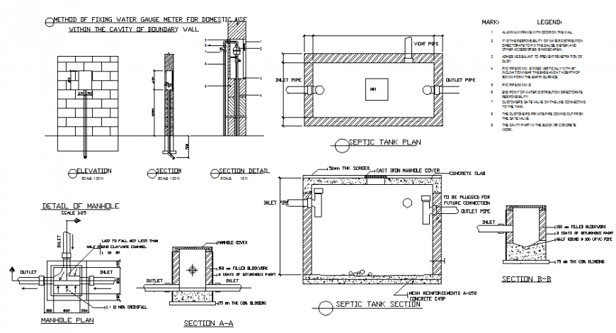 Septic tank elevation, section and structure details dwg file