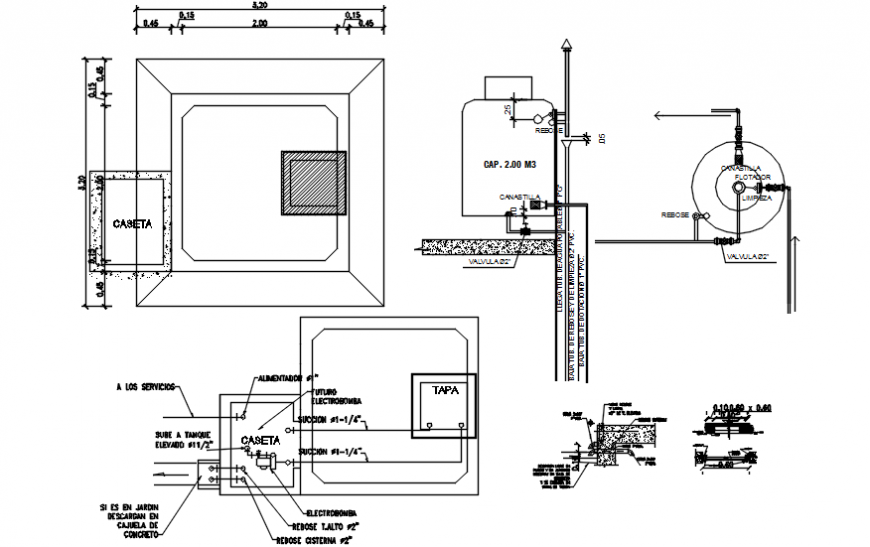 Septic tank of apartment building section, plan and plumbing structure details dwg file