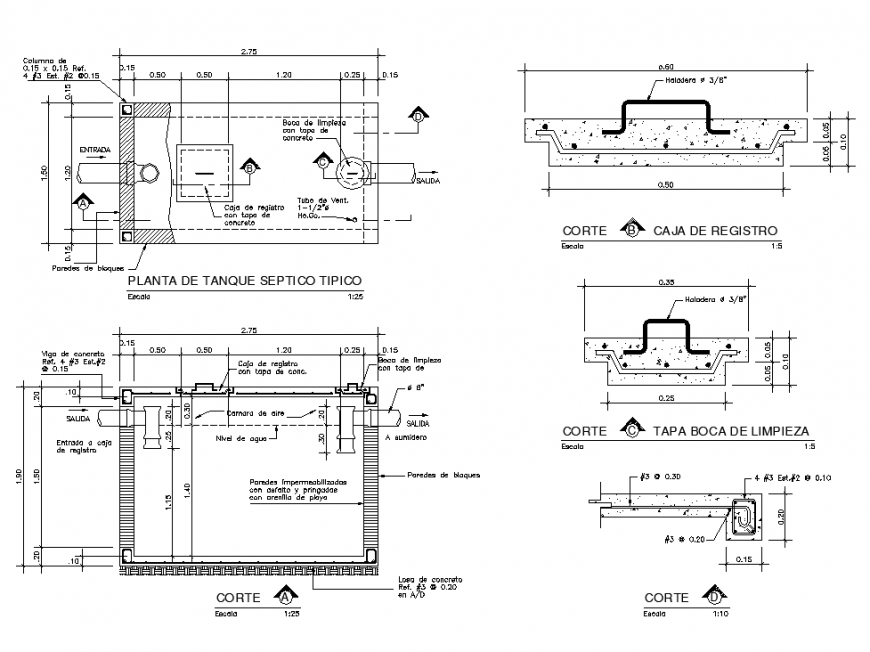 Septic tank plan and section detail dwg file