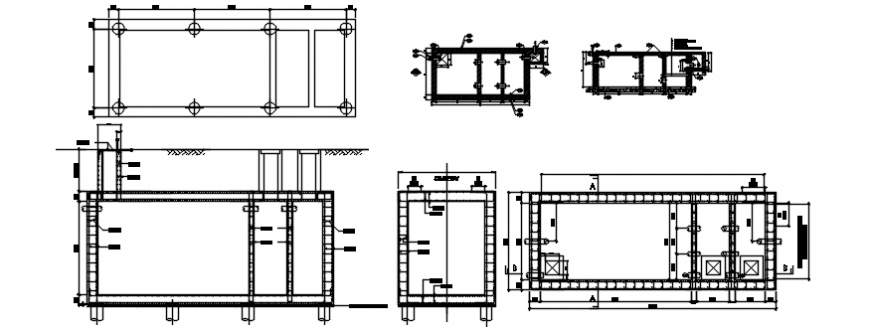 Septic tank plan elevation a nd section view with construction in auto cad