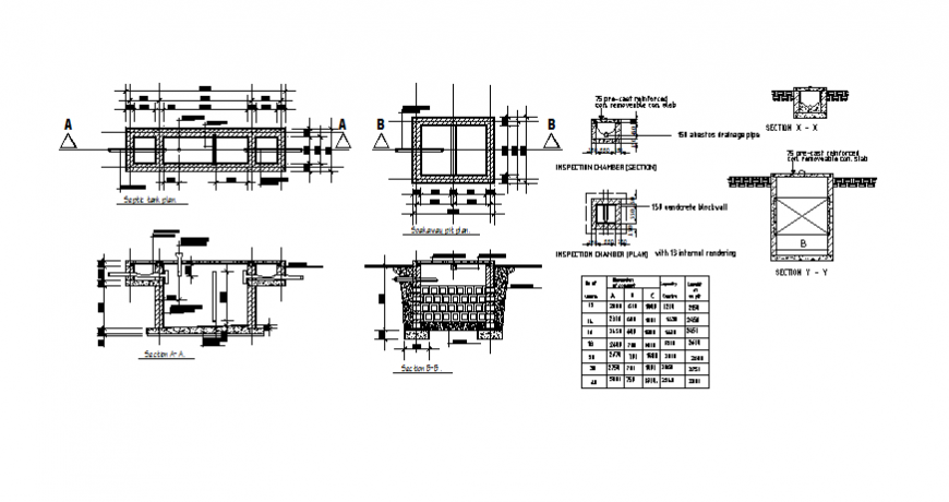 Septic tank section, plan, soak away system and plumbing details dwg file