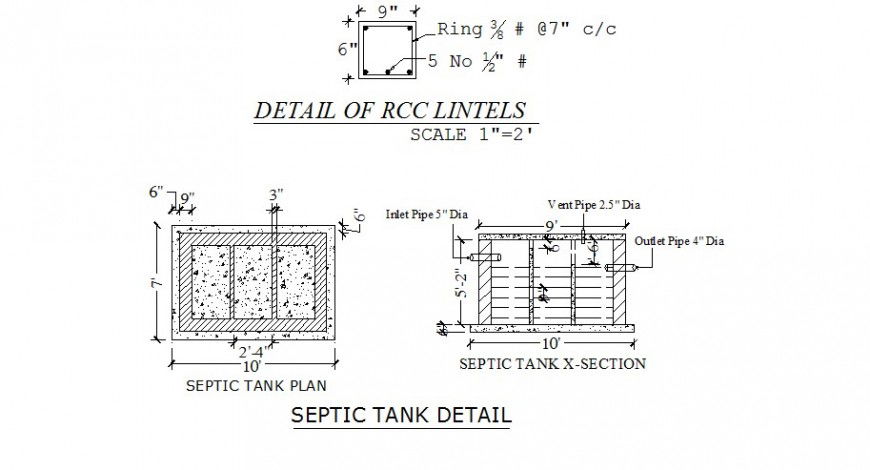 Septic tank section, plan and column structure cad drawing details dwg file
