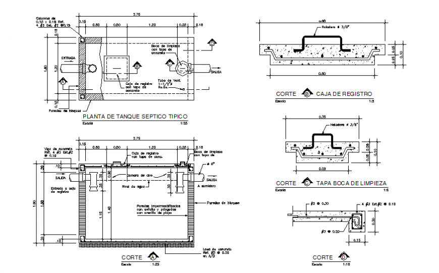 Septic tank section, plan and constructive structure details dwg file