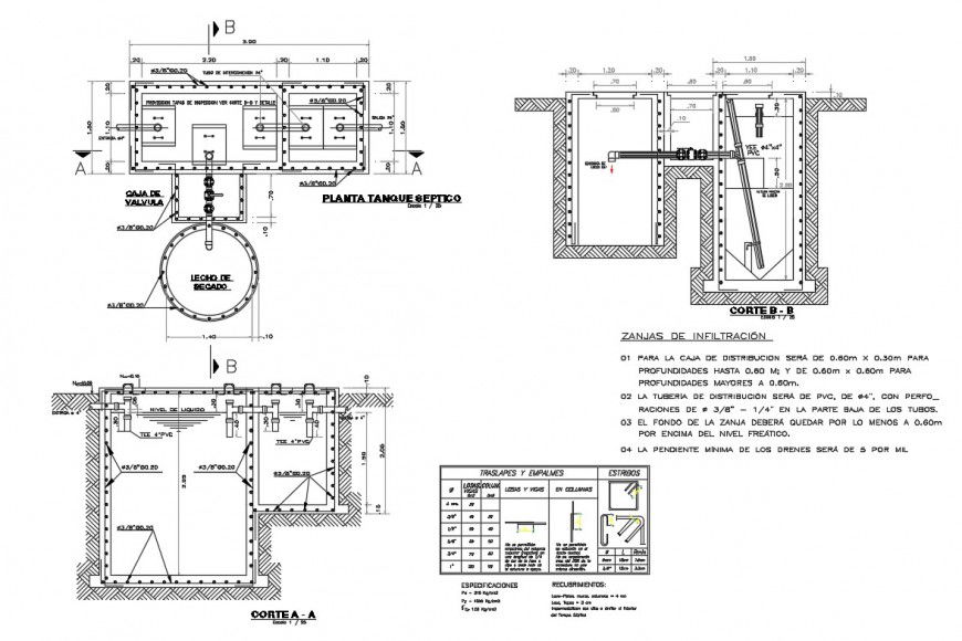 Septic tank section and plan details with drying bed dwg file