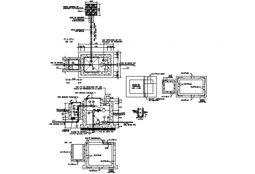 Septic tank sections, wall section, construction and plumbing details dwg file
