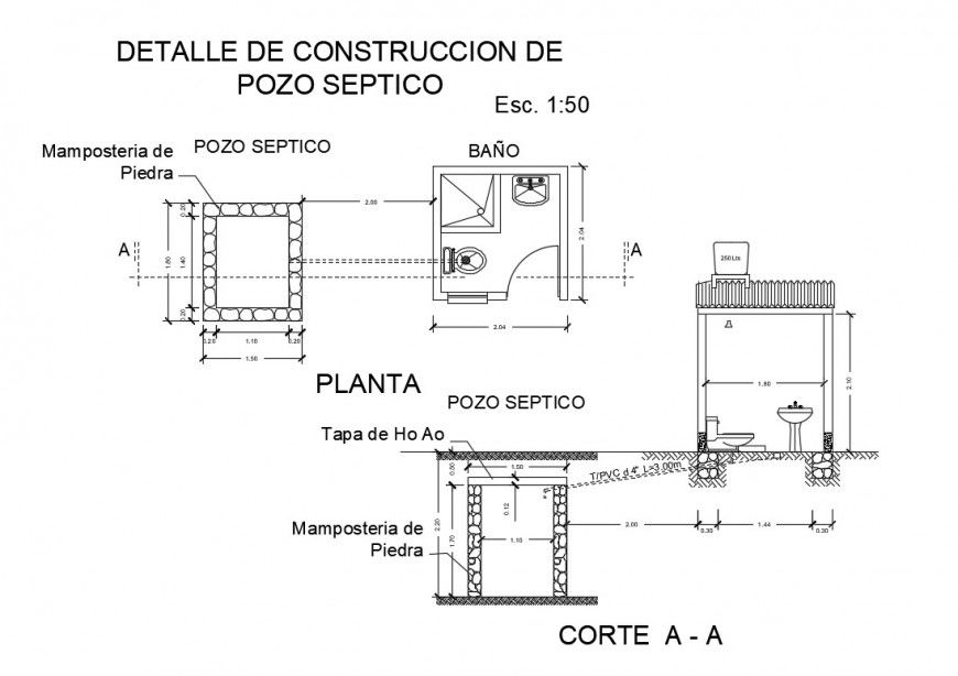 Septic water constructive section and plumbing details dwg file