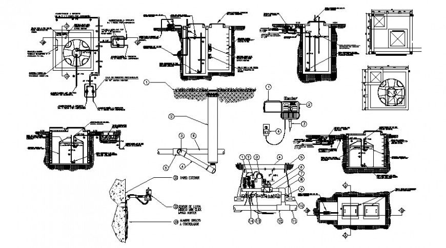 Septic water tank sections, plan and plumbing structure drawing details dwg file