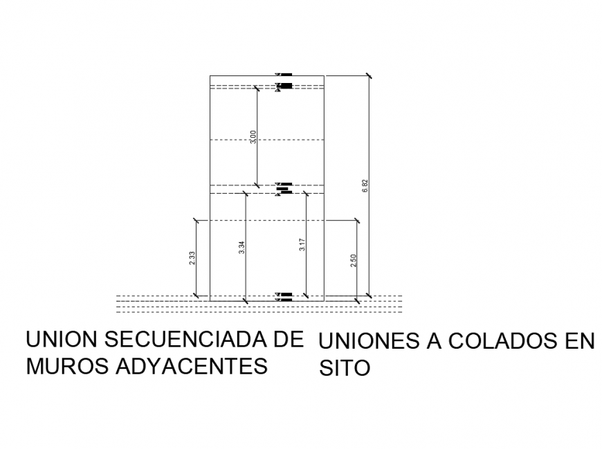 Sequenced union of adjacent walls construction details dwg file