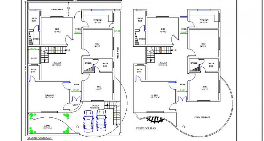 Seven bedroom residential bungalow ground and first floor plan drawing details dwg file