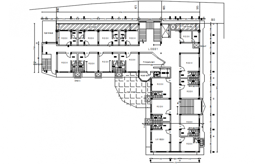 Seventh floor distribution plan details of general hospital dwg file