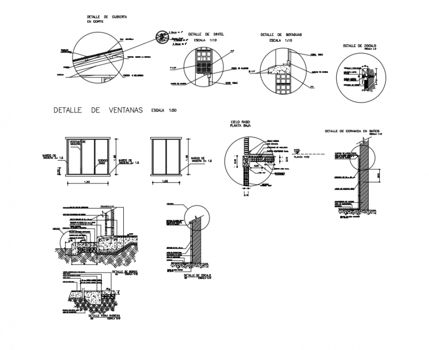 Several constructive details of house with column and footing dwg file